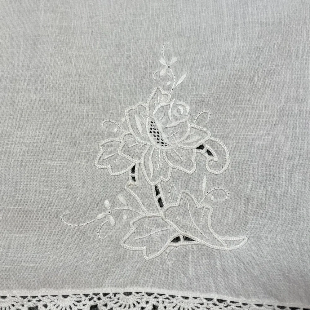 Antique Tea Towel White Vintage Floral Embroidered Lace Trim Cottagecore Bridal